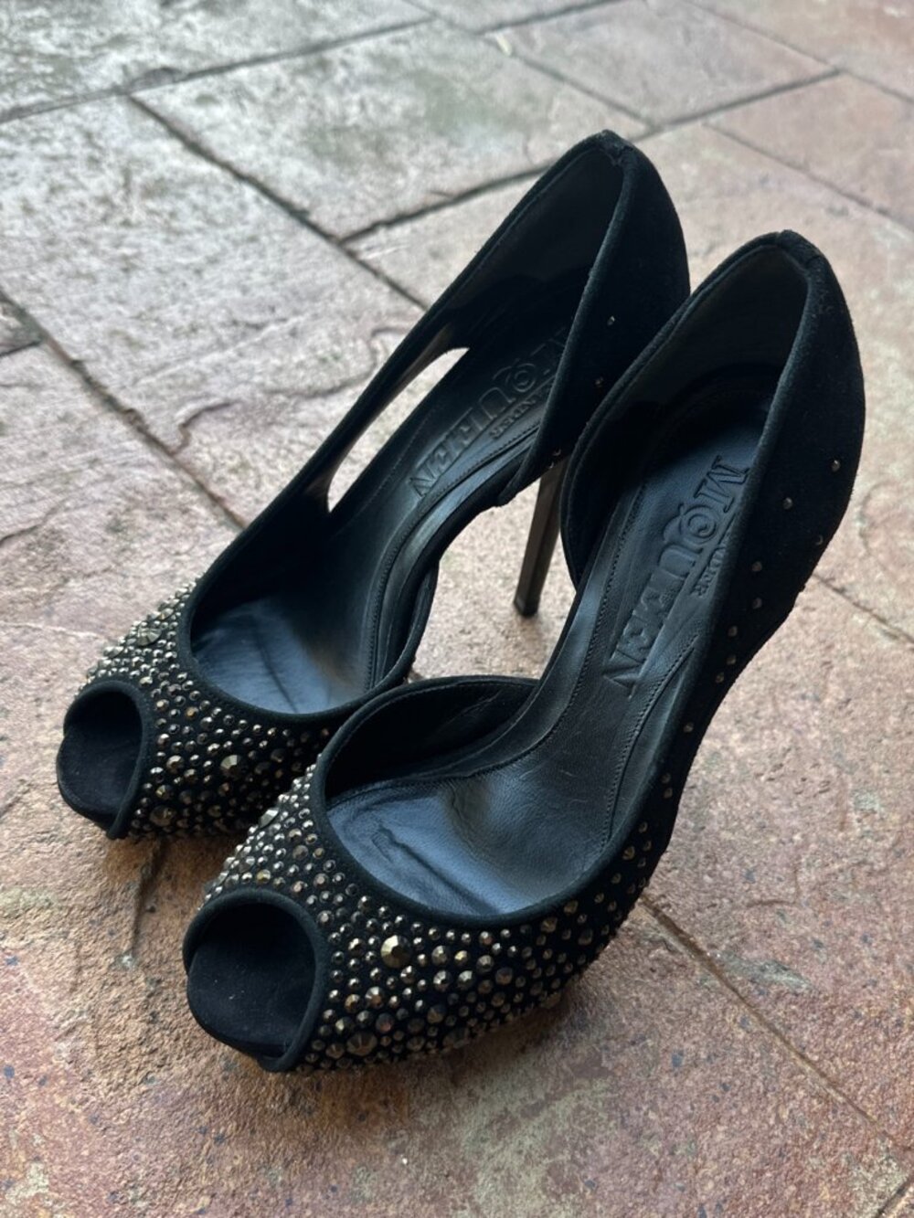 Alexander McQueen Black Crystal Peep Toe Heels